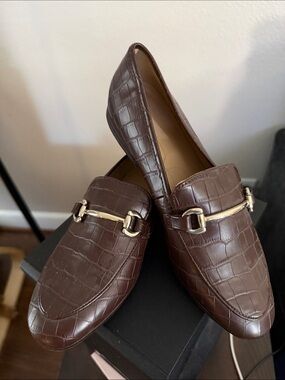 H&M Dark Brown Croc-Embossed Loafers with Gold Bit